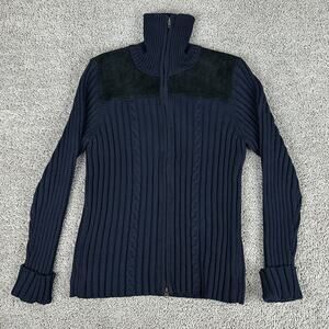 Denim & Co Sweater Womens Large Black leather Trim Turtleneck Cardigan Zip Up